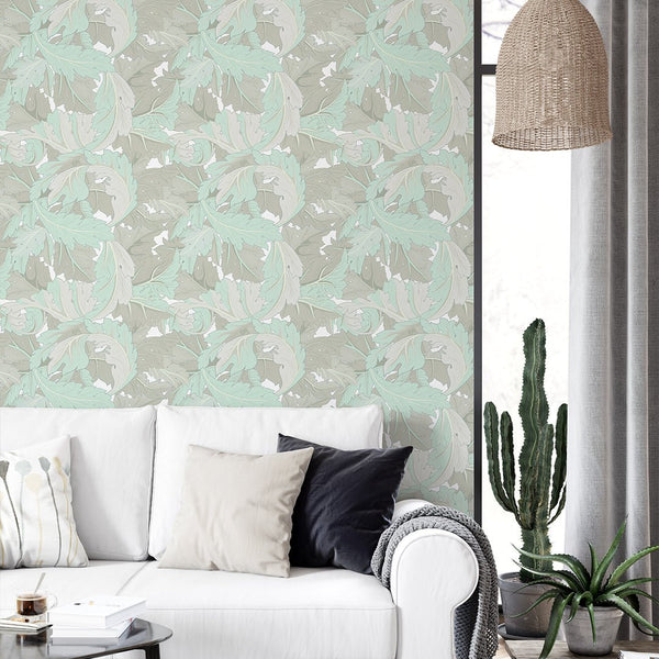 Mint & Beige Acanthus by Morris Wallpaper W125 - CostaCover - Peel and stick Removable Wallpaper - abstract floral - abstract wallpaper - accent wallpaper