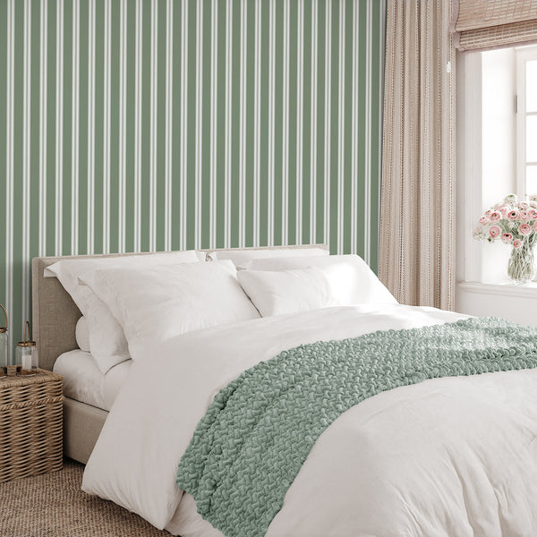 Soft green striped wallpaper with clean white bands and delicate vertical lines, ideal for farmhouse interiors, nursery walls, or bedroom decor.