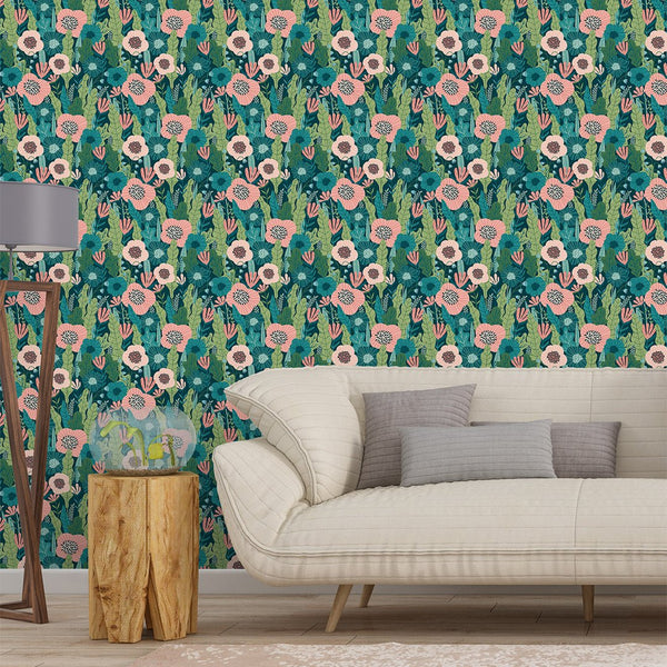 Greenery Pink Flowers Wallpaper CC202 - CostaCover - Peel and stick Removable Wallpaper - adhesive wallpaper - Backsplash panels - bathroom wallpaper