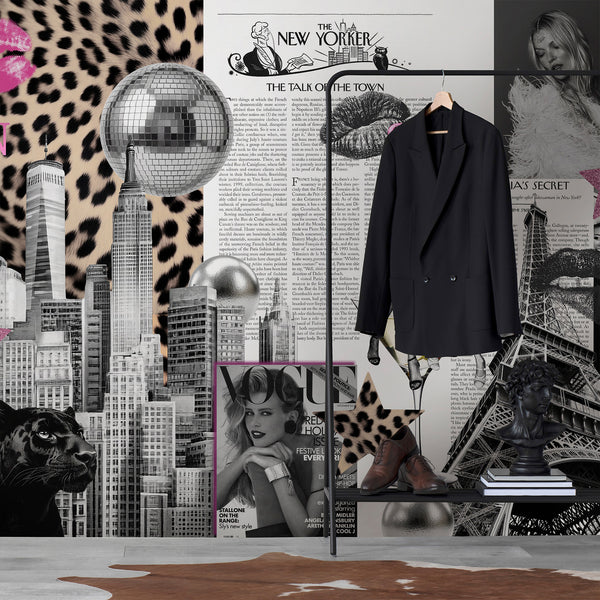 Editorial-style wallcovering with layered imagery, including oversized kiss marks and disco balls, creating a dramatic focal point for any modern space.