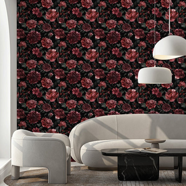 Dark Burgundy Flowers Wallpaper S057 - CostaCover - Peel and stick Removable Wallpaper - abstract wallpaper - accent wallpaper - adhesive wallpaper