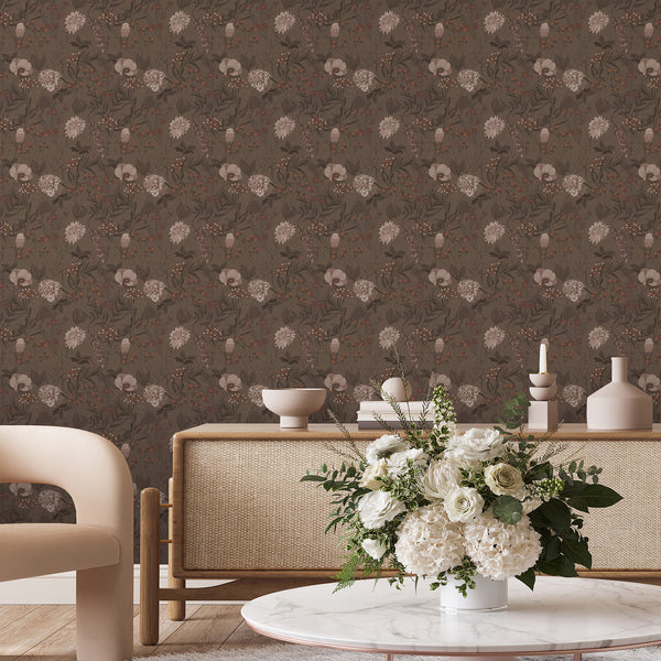 Intricate floral motifs in taupe and brown with rose accents on a deep taupe background. This vintage floral wallpaper is perfect for a dining room or bedroom, offering a moody, intimate feel.
