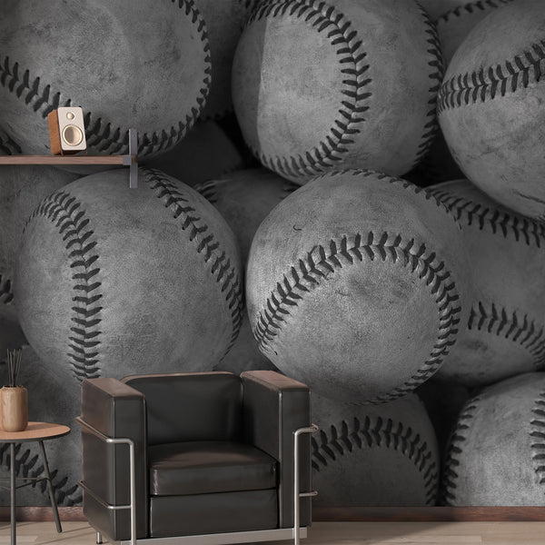 Black and white baseball wallpaper featuring a pile of realistic vintage baseballs with dark stitching, ideal for a boys room, teen bedroom or game room.