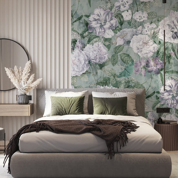 Light Mint Vintage Flowers Garden Wall Mural SM047 - CostaCover - Peel and stick Removable Wallpaper - accent wallpaper - adhesive wallpaper - bathroom wallpaper
