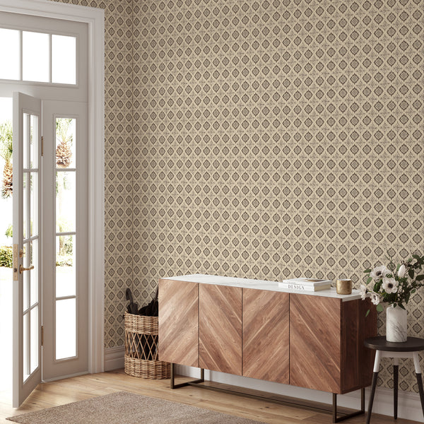 Warm taupe medallion motifs on beige, perfect for adding an elegant touch to traditional bedrooms. Eco-friendly removable material, easy to reposition.