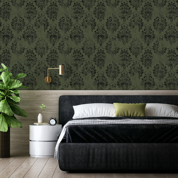 Eco-friendly wallpaper with dark green and charcoal damask, suitable for vintage and classic interior design styles.