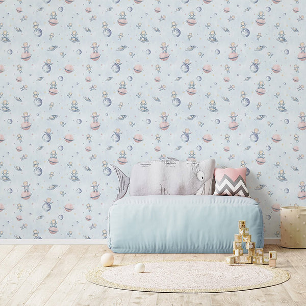 Pastel Blue Astronauts & Planets Wallpaper S124 - CostaCover-Peel and stick Removable Wallpaper-accent wallpaper-adhesive wallpaper-baby bedroom