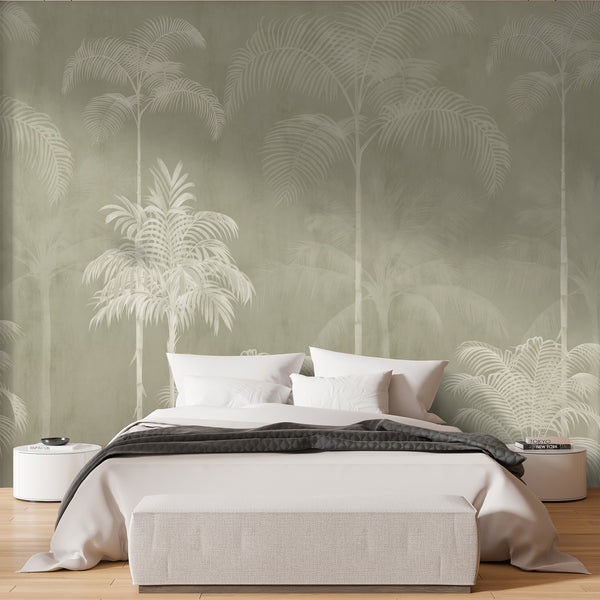 Sage green tropical wall mural featuring graceful cream palm trees and subtle botanical foliage for a minimalist bedroom or living room.