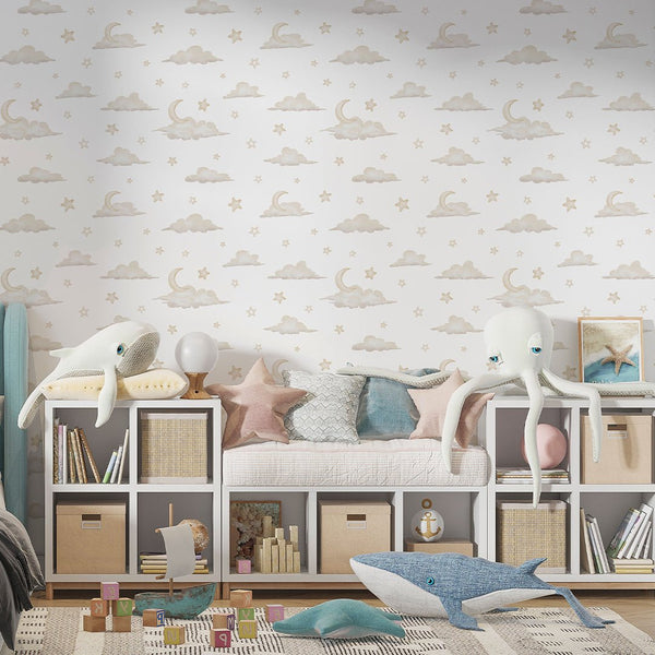 Tiny Clouds & Moon Wallpaper A055 - CostaCover-Peel and stick Removable Wallpaper-accent wallpaper-adhesive wallpaper-baby bedroom