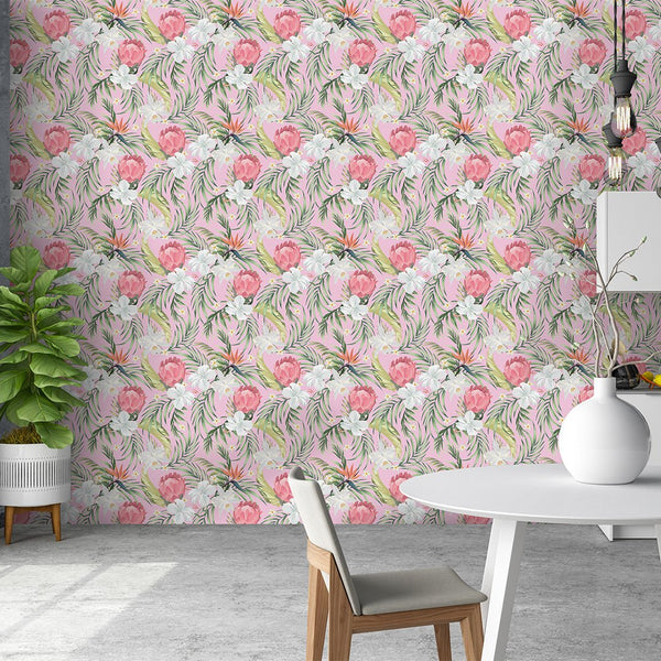 Exotic Pink Flowers Wallpaper CC229 - CostaCover - Peel and stick Removable Wallpaper - accent wallpaper - adhesive wallpaper - Banana leaves wallpaper