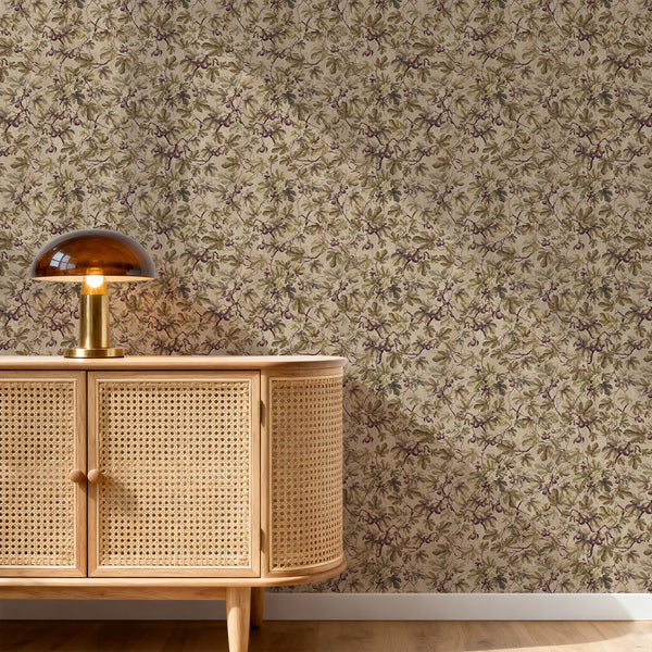 Beige and olive green botanical wall mural with detailed fig leaves and small plum-colored fruits, inspired by antique botanical illustrations and nature.