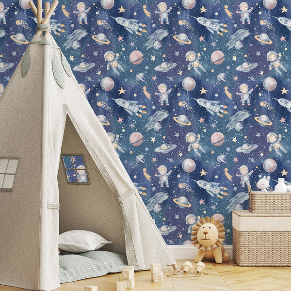 Dark Blue Astronauts & Planets Wallpaper S119 - CostaCover-Peel and stick Removable Wallpaper-accent wallpaper-adhesive wallpaper-bathroom wallpaper