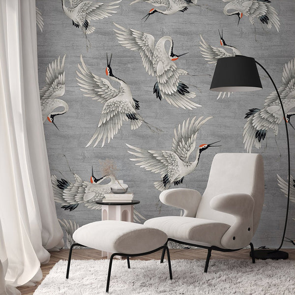 Flying Gray Japanese Cranes Wall Mural WM114 - CostaCover - Peel and stick Removable Wallpaper - accent wallpaper - adhesive wallpaper - bathroom wallpaper