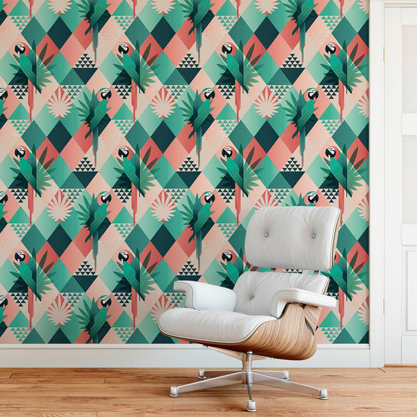Palm Leaves & Parrots Wallpaper CC170 - CostaCover - Peel and stick Removable Wallpaper - Abstract - abstract wallpaper - adhesive wallpaper