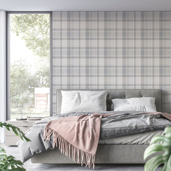 Neutral tartan wall mural with soft cream, pale blue gray and subtle gray green tones, adding vintage country cottage character to a living room.