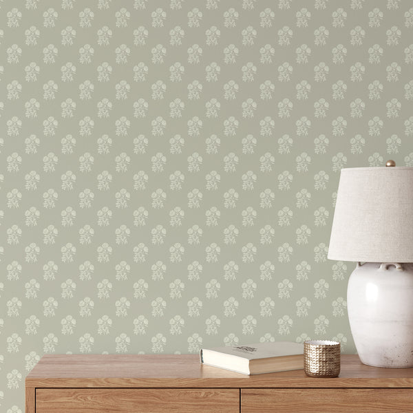 Sage Green Vintage Floral Wallpaper CC373