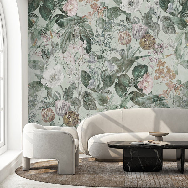 Green Vintage Flowers Garden Wall Mural SM045 - CostaCover - Peel and stick Removable Wallpaper - Abstract - abstract floral - abstract wallpaper