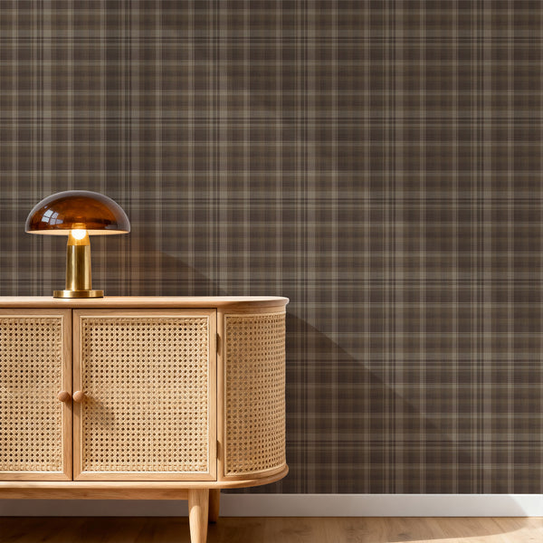 Farmhouse plaid wallpaper featuring intersecting stripes in deep brown, warm taupe and beige, creating a cozy country style for bedrooms and living rooms.
