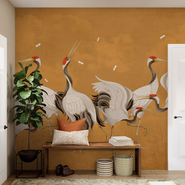 Mustard Color Japanese Cranes Wall Mural WM112 - CostaCover - Peel and stick Removable Wallpaper - accent wallpaper - adhesive wallpaper - bathroom wallpaper