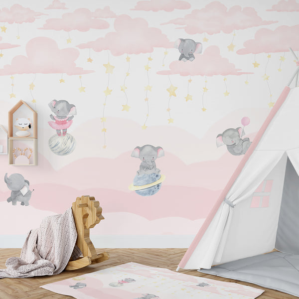 Pink Elephant Nursery Wall Mural LM010