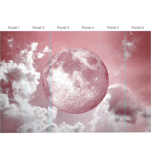 Pink Moon wall mural showcasing a detailed cratered moon against a dusky rose sky with star speckles and soft clouds. The blush pink palette creates a dreamy focal point, perfect for a bedroom feature wall or creative studio. Removable peel and stick wallpaper, ideal for decorators seeking bold and cozy accents.