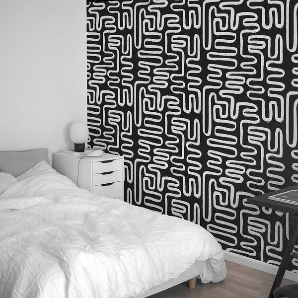 Black & White Boho Line Wallpaper W170 - CostaCover - Peel and stick Removable Wallpaper - Abstract - Abstract Labyrinth Lines - abstract lines