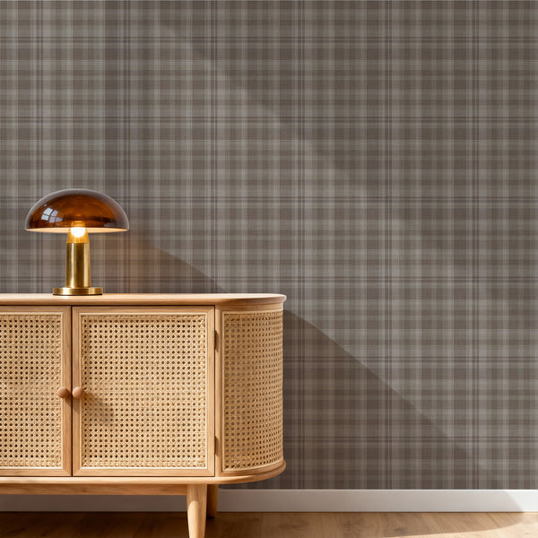 Vintage brown and taupe plaid wallpaper with a balanced tartan check design, bringing understated country charm to bedrooms and cottagecore home interiors.