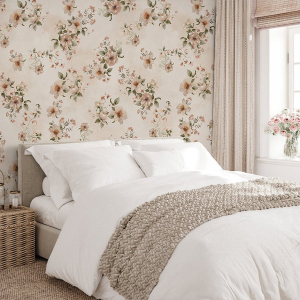 Beige Country Style Flowers Wallpaper S077 - CostaCover - Peel and stick Removable Wallpaper - abstract floral - abstract wallpaper - accent wallpaper