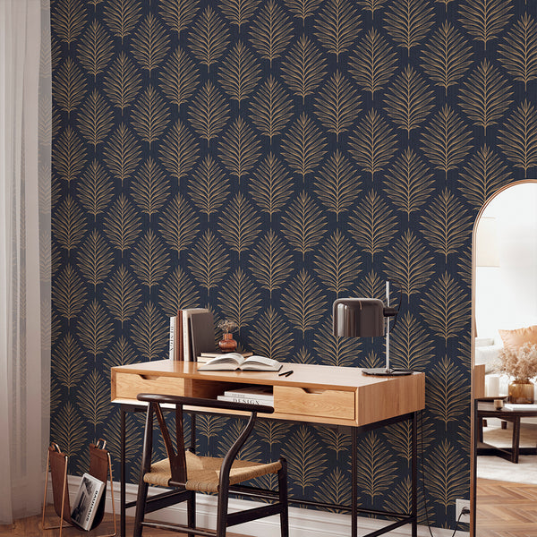 Navy Blue Palm Leaves Wallpaper L059
