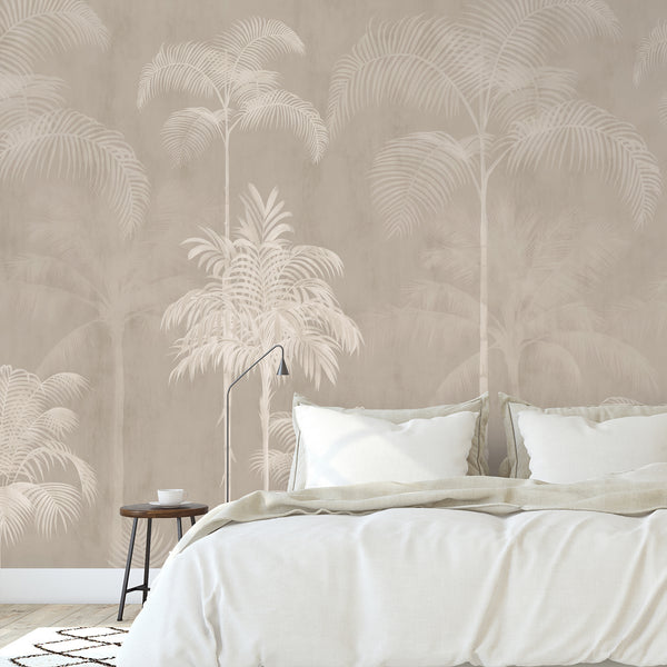 Neutral tropical wall mural featuring cream palm trees against a warm beige background for a minimalist bedroom or modern living room.