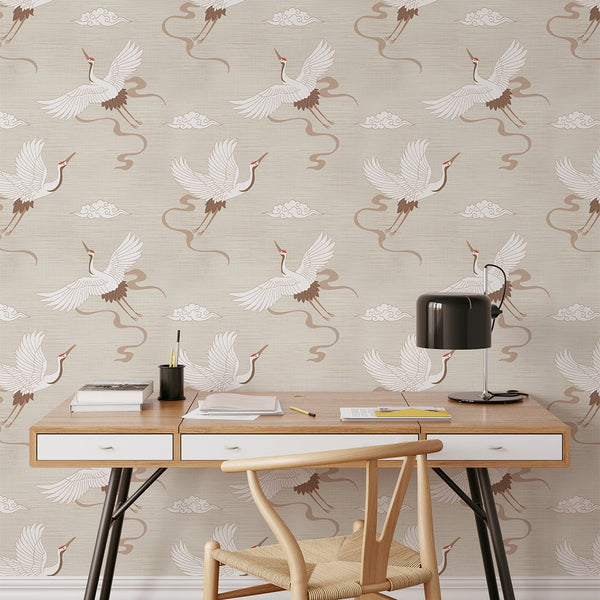 Chinoiserie Crane Beige Grasscloth Wallpaper CG001 - CostaCover - Traditional Wallpaper - accent wallpaper - bathroom wallpaper - bedroom wallpaper