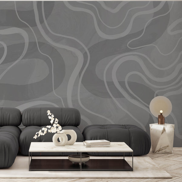Modern abstract wallpaper with sweeping white curves over soft gray textured shapes, perfect for contemporary living room or bedroom decor.