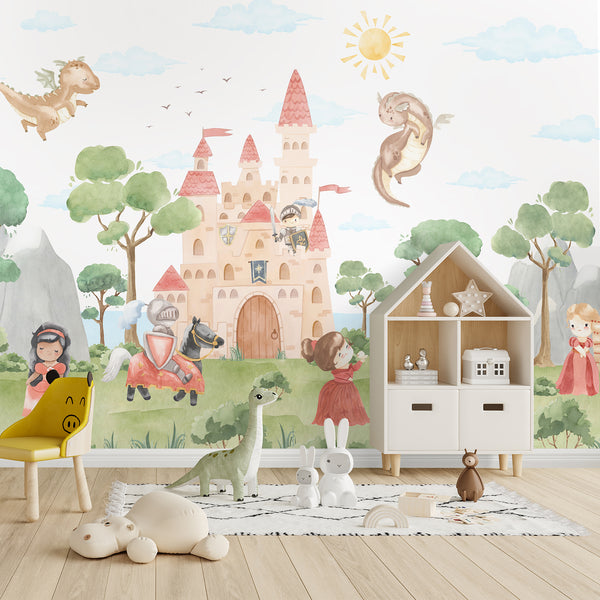 Watercolor castle wallpaper with friendly dragons, princess characters, armored knights and a magical green forest landscape for a nursery or playroom.