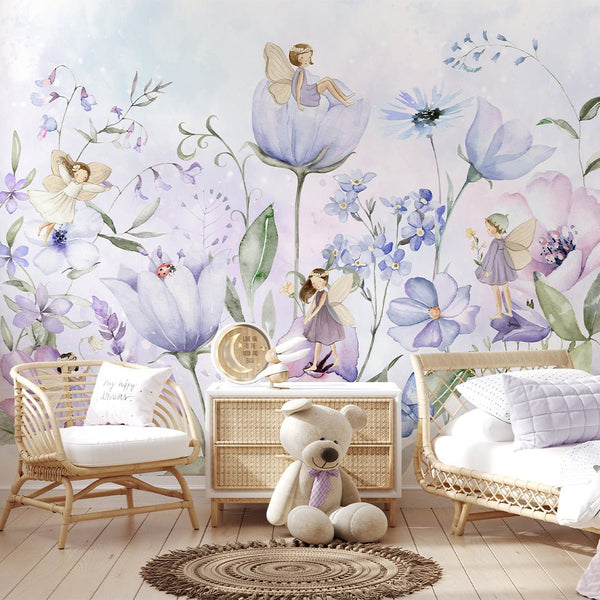 Purple Flower Fairy Wall Mural SM052 - CostaCover - Peel and stick Removable Wallpaper - accent wallpaper - adhesive wallpaper - baby bedroom