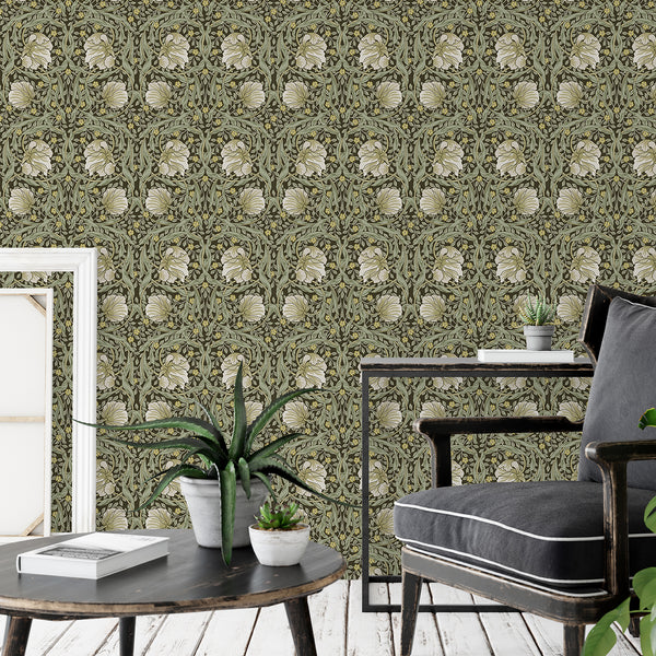 Floral medallion wallpaper in deep olive with cream flowers and sage-green foliage. The structured repeat enhances traditional spaces like bedrooms or dining areas. Easy to apply and reposition, this removable wallpaper is ideal for renters and decorators looking for a classic, patterned wall design.