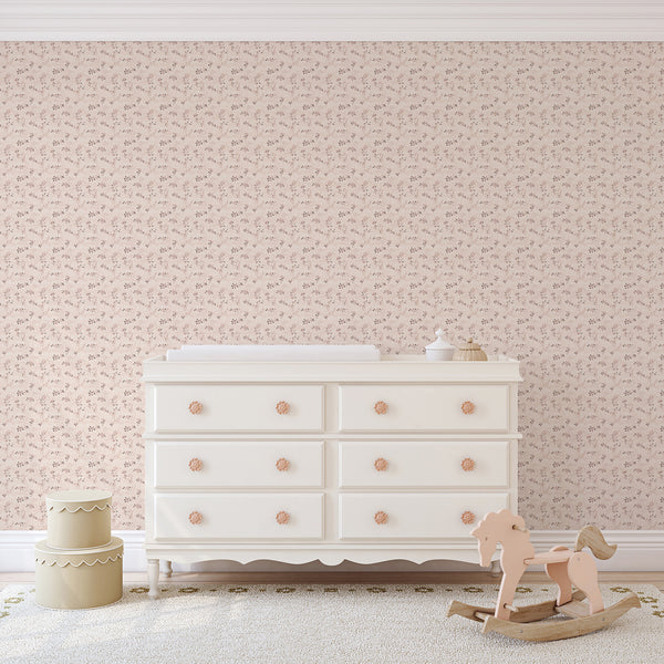 Peel and stick pink floral vine wallpaper with linen texture, ideal for dining room decor.