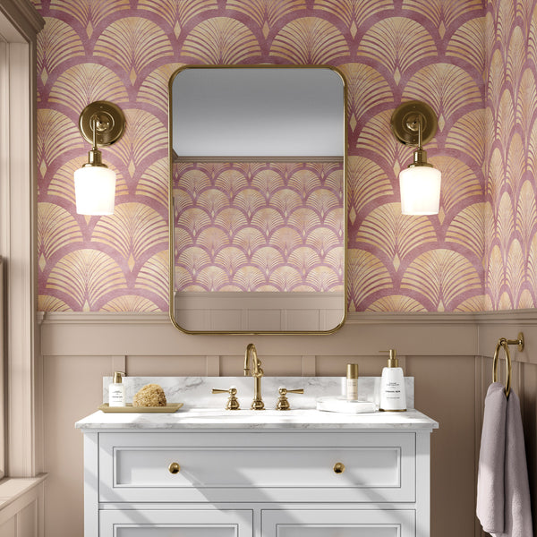 Close-up of fan-shaped scallops in muted pink wallpaper, showcasing hand-drawn edges and soft watercolor-washed matte finish. This traditional unpasted wallpaper brings a relaxed elegance to entryways or bedrooms, and its easy application makes it ideal for temporary or permanent use in any home decor project.