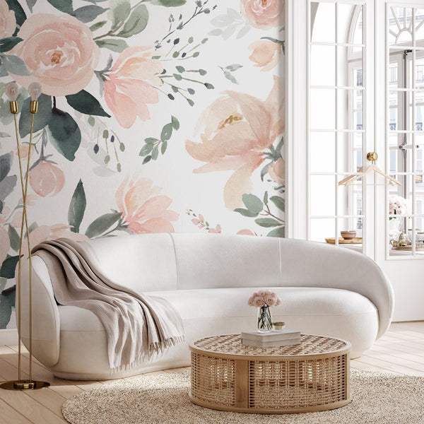 Pink Watercolor Roses Wall Mural WM012 - CostaCover - Peel and stick Removable Wallpaper - adhesive wallpaper - baby bedroom - bedroom wallpaper