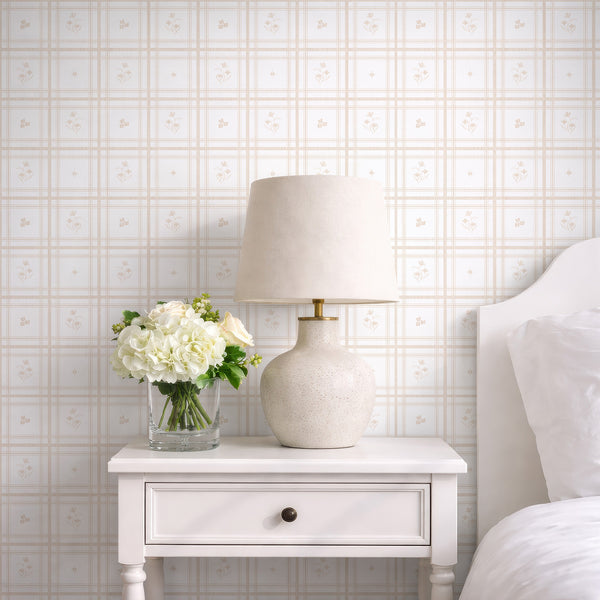 Beige Plaid Floral Wallpaper L145
