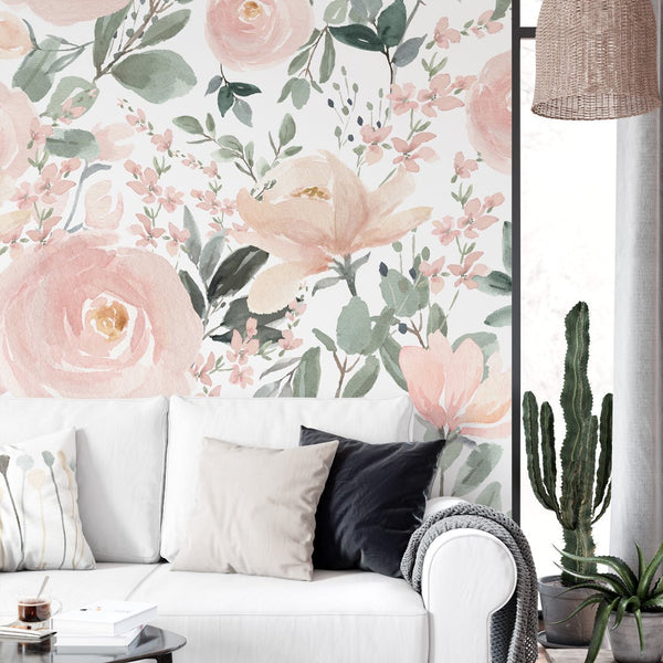 Soft Pink Roses Wall Mural WM013 - CostaCover - Peel and stick Removable Wallpaper - adhesive wallpaper - baby bedroom - bedroom wallpaper