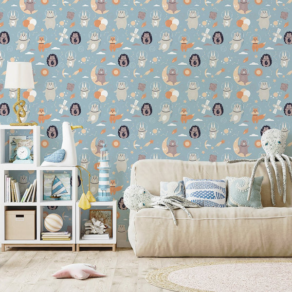 Cute Space Animals Wallpaper S127 - CostaCover-Peel and stick Removable Wallpaper-accent wallpaper-adhesive wallpaper-animal print