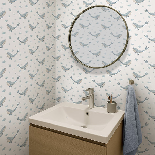 Blue Tiny Whales Wallpaper S085 - CostaCover - Peel and stick Removable Wallpaper - accent wallpaper - adhesive wallpaper - baby bedroom