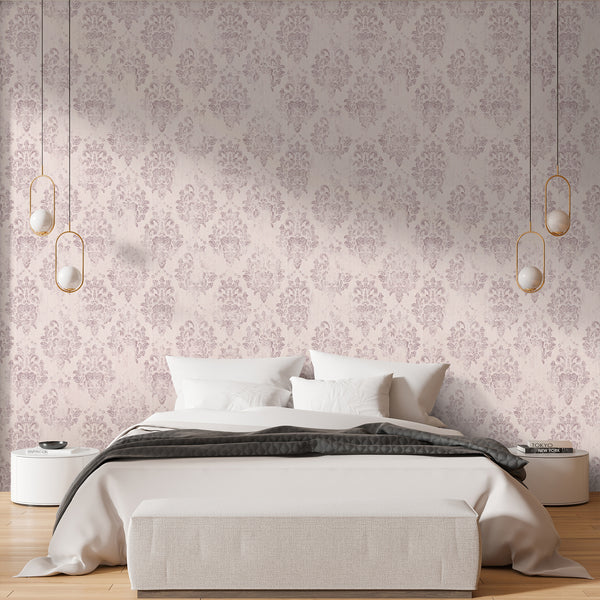 Romantic blush pink damask pattern with a gently weathered finish, suitable for a shabby chic bedroom. Temporary, high-quality removable material, ideal for designers.