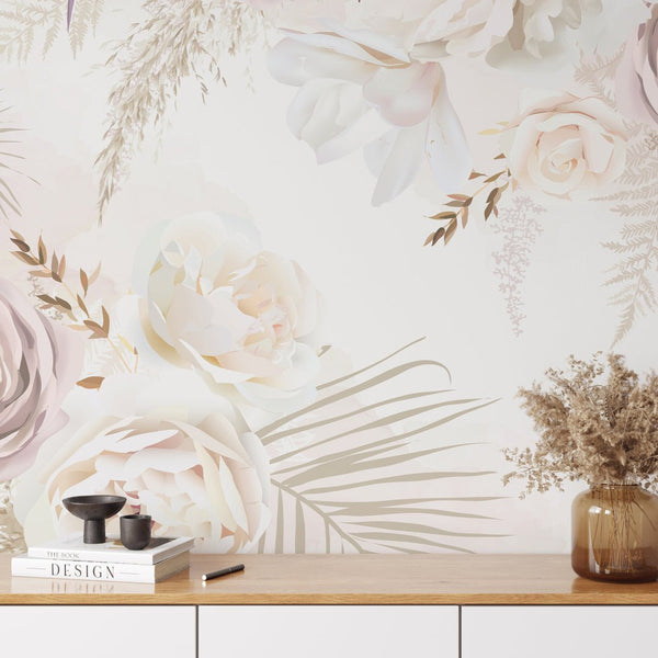 White & Soft Pink Flowers Wall Mural WM007 - CostaCover - Peel and stick Removable Wallpaper - baby bedroom - bedroom interior - bedroom wallpaper