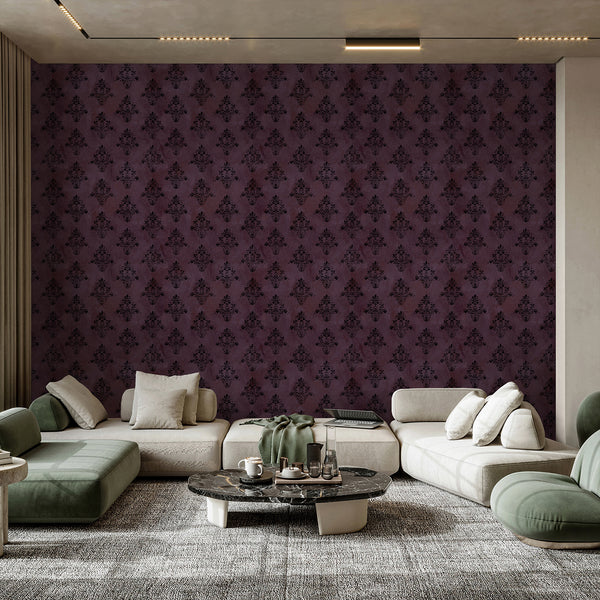 Vintage purple damask wallpaper featuring distressed black ornamental flowers on a deep muted background for dramatic bedroom and living room decor.