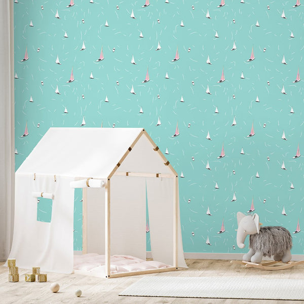 Tiny Turquoise Sailboats Wallpaper A084 - CostaCover-Peel and stick Removable Wallpaper-abstract wall art-abstract wallpaper