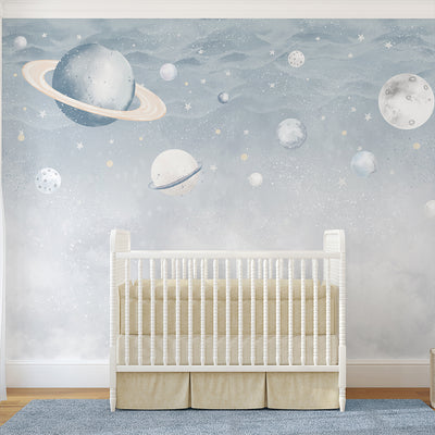 Light Blue Planets in Space Wall Mural SM087