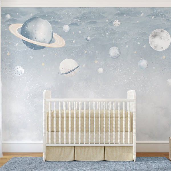 Light Blue Planets in Space Wall Mural SM087 - CostaCover - Peel and stick Removable Wallpaper - accent wallpaper - adhesive wallpaper - baby bedroom