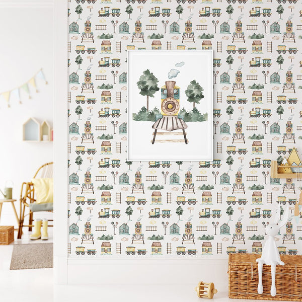 Cartoon Train Railroad Wallpaper CC293 - CostaCover - Peel and stick Removable Wallpaper - adhesive wallpaper - baby bedroom - bedroom interior