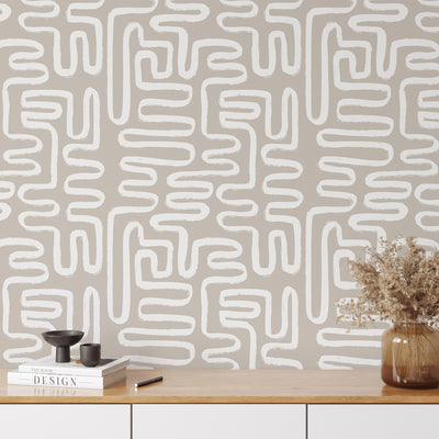 Beige White Boho Line Wallpaper W013